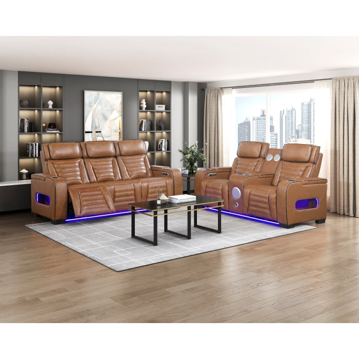 Cyber Brown Power Double Reclining Loveseat With Center Console Power Headrests Storage Arms Cup Holders Wireless Speakers With Sub-woofer Air Massage Heat Led Lighting And Charging Ports - Ornate Home