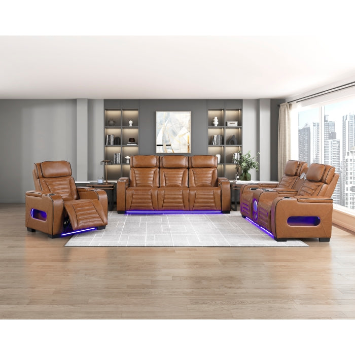 Cyber Brown Power Double Reclining Loveseat With Center Console Power Headrests Storage Arms Cup Holders Wireless Speakers With Sub-woofer Air Massage Heat Led Lighting And Charging Ports - Ornate Home