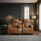 Cyber Brown Power Double Reclining Loveseat With Center Console Power Headrests Storage Arms Cup Holders Wireless Speakers With Sub-woofer Air Massage Heat Led Lighting And Charging Ports - Ornate Home