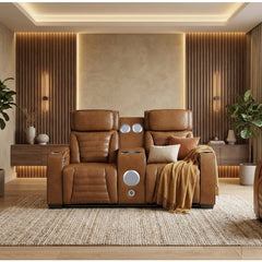 Cyber Brown Power Double Reclining Loveseat With Center Console Power Headrests Storage Arms Cup Holders Wireless Speakers With Sub-woofer Air Massage Heat Led Lighting And Charging Ports - Ornate Home