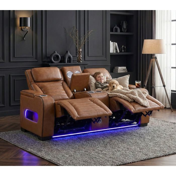 Cyber Brown Power Double Reclining Loveseat With Center Console Power Headrests Storage Arms Cup Holders Wireless Speakers With Sub-woofer Air Massage Heat Led Lighting And Charging Ports - Ornate Home