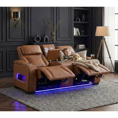 Cyber Brown Power Double Reclining Loveseat With Center Console Power Headrests Storage Arms Cup Holders Wireless Speakers With Sub-woofer Air Massage Heat Led Lighting And Charging Ports - Ornate Home