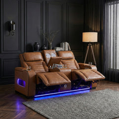 Cyber Brown Power Double Reclining Loveseat With Center Console Power Headrests Storage Arms Cup Holders Wireless Speakers With Sub-woofer Air Massage Heat Led Lighting And Charging Ports - Ornate Home