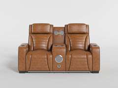 Cyber Brown Power Double Reclining Loveseat With Center Console Power Headrests Storage Arms Cup Holders Wireless Speakers With Sub-woofer Air Massage Heat Led Lighting And Charging Ports - Ornate Home