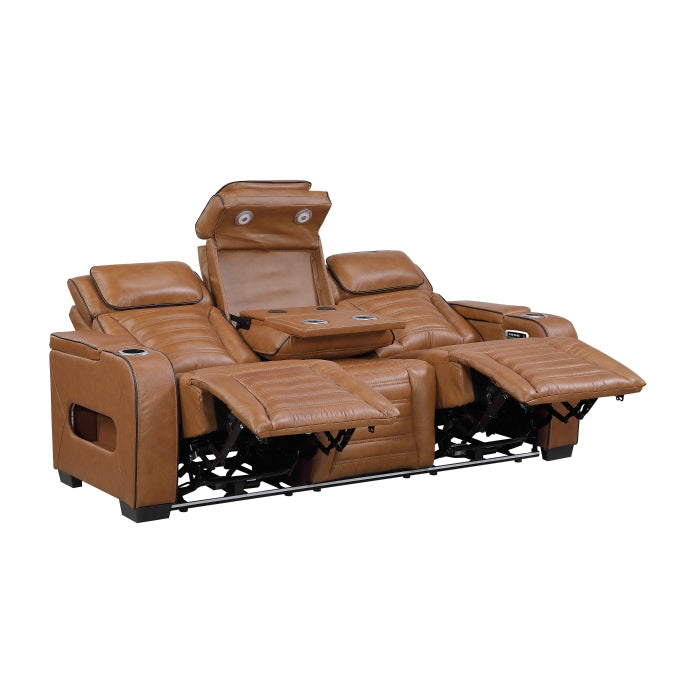 Cyber Brown Power Double Reclining Sofa With Center Drop-down Cup Holders Power Headrests Storage Arms Cup Holders Reading Lights Wireless Charger Air Massage Heat Led Lighting And Charging Ports - Ornate Home