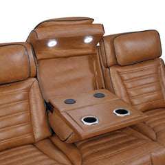Cyber Brown Power Double Reclining Sofa With Center Drop-down Cup Holders Power Headrests Storage Arms Cup Holders Reading Lights Wireless Charger Air Massage Heat Led Lighting And Charging Ports - Ornate Home