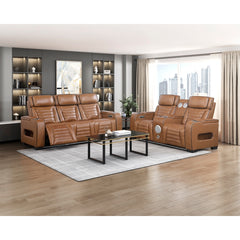 Cyber Brown Power Double Reclining Sofa With Center Drop-down Cup Holders Power Headrests Storage Arms Cup Holders Reading Lights Wireless Charger Air Massage Heat Led Lighting And Charging Ports - Ornate Home