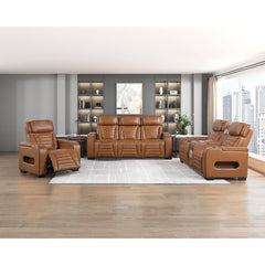 Cyber Brown Power Double Reclining Sofa With Center Drop-down Cup Holders Power Headrests Storage Arms Cup Holders Reading Lights Wireless Charger Air Massage Heat Led Lighting And Charging Ports - Ornate Home