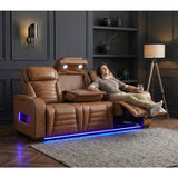 Cyber Brown Power Double Reclining Sofa With Center Drop-down Cup Holders Power Headrests Storage Arms Cup Holders Reading Lights Wireless Charger Air Massage Heat Led Lighting And Charging Ports - Ornate Home