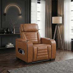 Cyber Brown Power Reclining Chair With Power Headrest Cup Holder Storage Arms Air Massage Heat Led Lighting And Charging Ports - Ornate Home