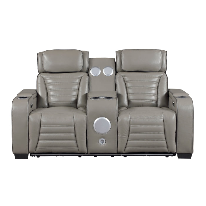Cyber Gray Power Double Reclining Loveseat With Center Console Power Headrests Storage Arms Cup Holders Wireless Speakers With Sub-woofer Air Massage Heat Led Lighting And Charging Ports - Ornate Home