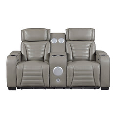 Cyber Gray Power Double Reclining Loveseat With Center Console Power Headrests Storage Arms Cup Holders Wireless Speakers With Sub-woofer Air Massage Heat Led Lighting And Charging Ports - Ornate Home
