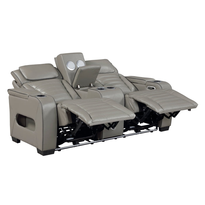 Cyber Gray Power Double Reclining Loveseat With Center Console Power Headrests Storage Arms Cup Holders Wireless Speakers With Sub-woofer Air Massage Heat Led Lighting And Charging Ports - Ornate Home