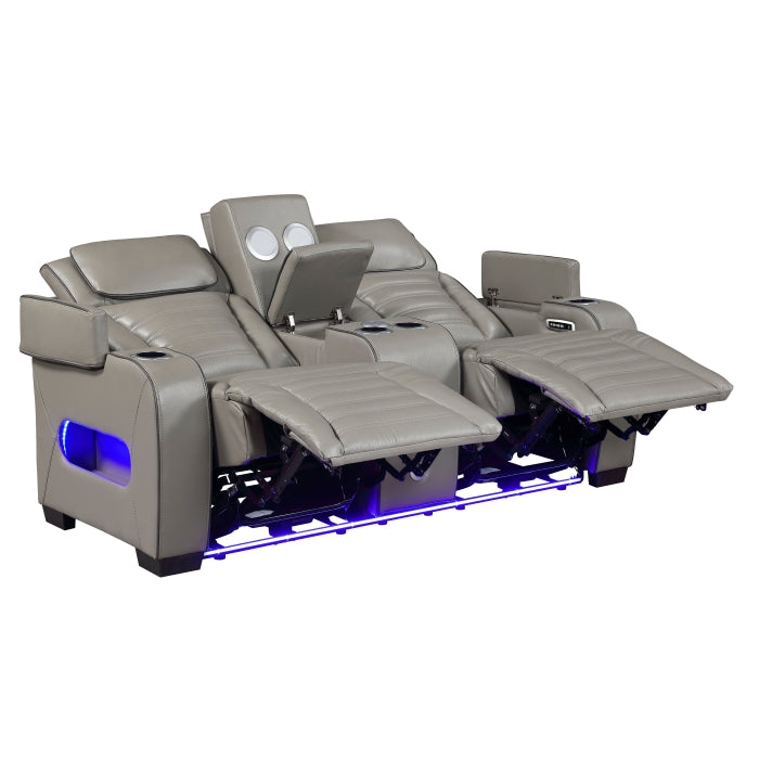 Cyber Gray Power Double Reclining Loveseat With Center Console Power Headrests Storage Arms Cup Holders Wireless Speakers With Sub-woofer Air Massage Heat Led Lighting And Charging Ports - Ornate Home