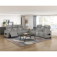 Cyber Gray Power Double Reclining Loveseat With Center Console Power Headrests Storage Arms Cup Holders Wireless Speakers With Sub-woofer Air Massage Heat Led Lighting And Charging Ports - Ornate Home