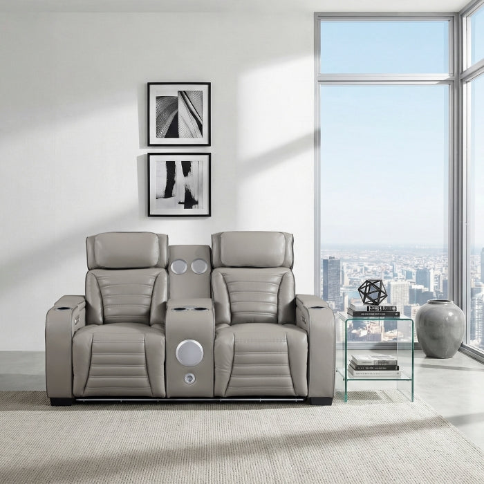 Cyber Gray Power Double Reclining Loveseat With Center Console Power Headrests Storage Arms Cup Holders Wireless Speakers With Sub-woofer Air Massage Heat Led Lighting And Charging Ports - Ornate Home