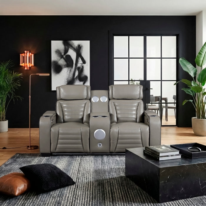 Cyber Gray Power Double Reclining Loveseat With Center Console Power Headrests Storage Arms Cup Holders Wireless Speakers With Sub-woofer Air Massage Heat Led Lighting And Charging Ports - Ornate Home