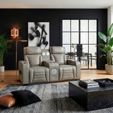 Cyber Gray Power Double Reclining Loveseat With Center Console Power Headrests Storage Arms Cup Holders Wireless Speakers With Sub-woofer Air Massage Heat Led Lighting And Charging Ports - Ornate Home