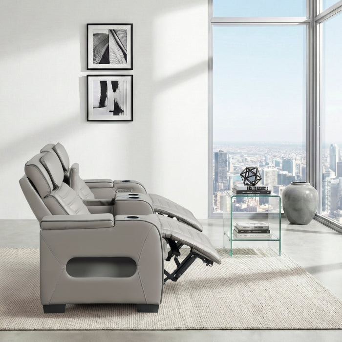 Cyber Gray Power Double Reclining Loveseat With Center Console Power Headrests Storage Arms Cup Holders Wireless Speakers With Sub-woofer Air Massage Heat Led Lighting And Charging Ports - Ornate Home