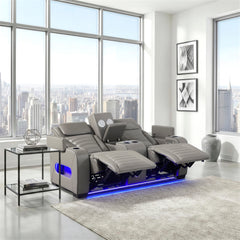 Cyber Gray Power Double Reclining Loveseat With Center Console Power Headrests Storage Arms Cup Holders Wireless Speakers With Sub-woofer Air Massage Heat Led Lighting And Charging Ports - Ornate Home