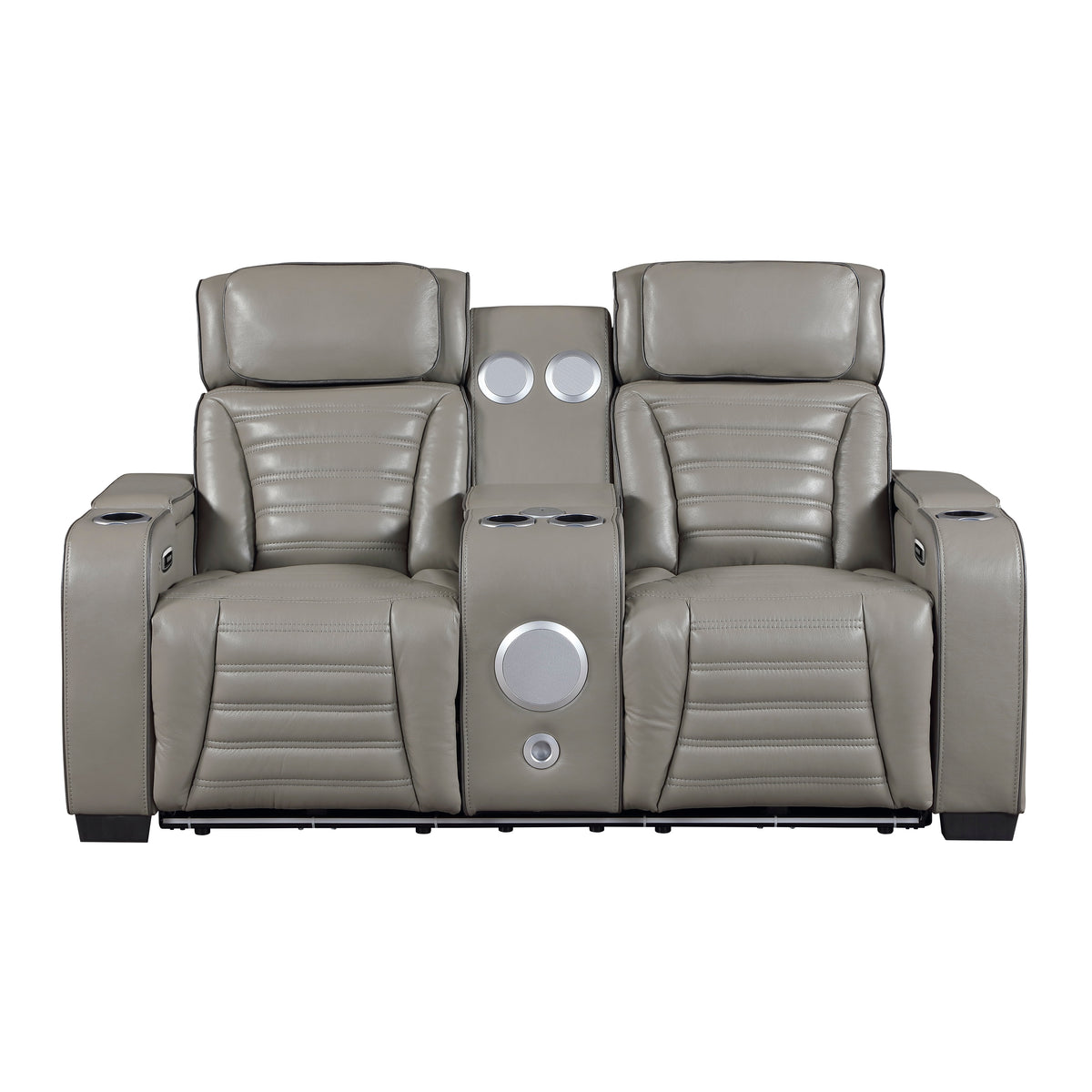 Cyber Gray Power Double Reclining Loveseat With Center Console Power Headrests Storage Arms Cup Holders Wireless Speakers With Sub-woofer Air Massage Heat Led Lighting And Charging Ports - Ornate Home