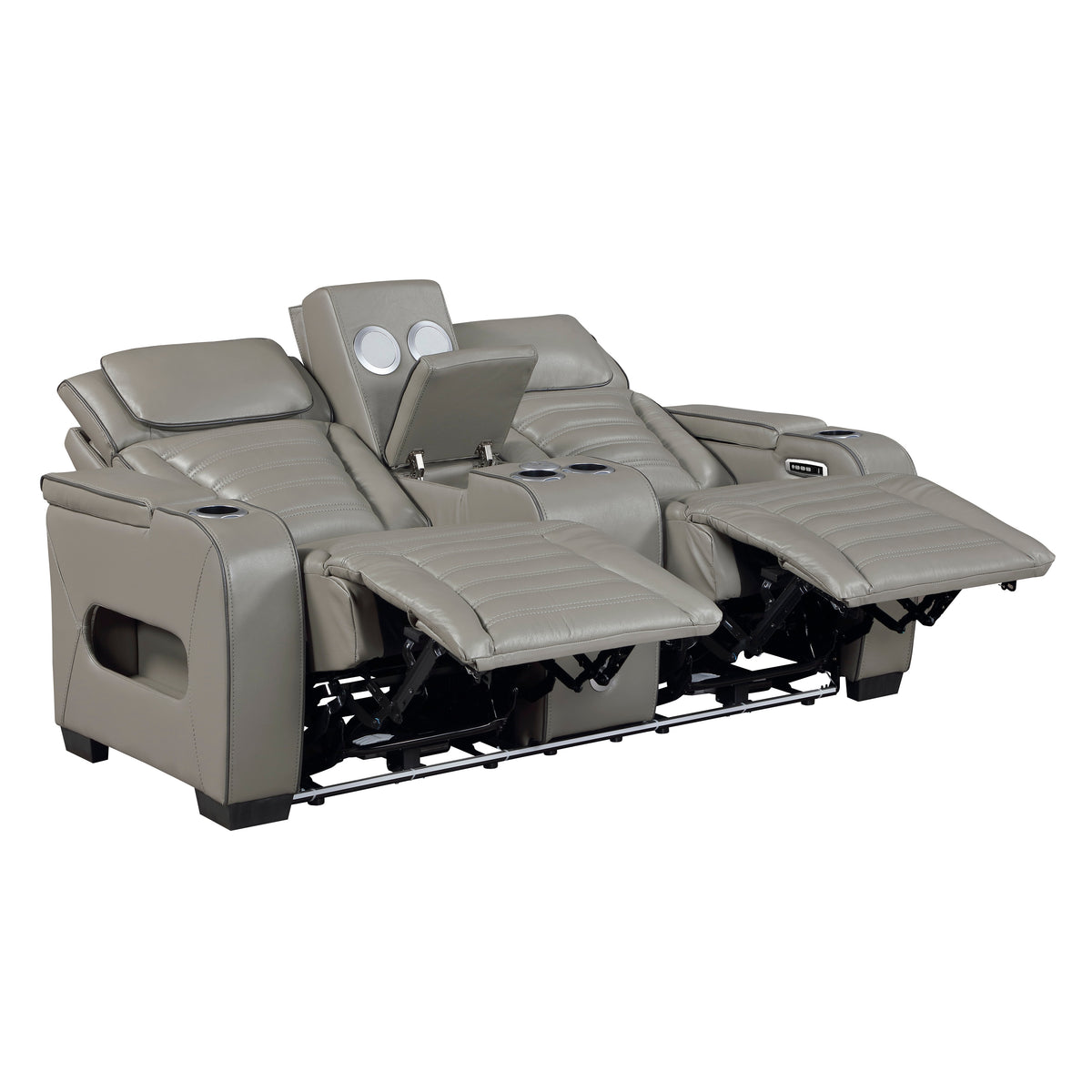 Cyber Gray Power Double Reclining Loveseat With Center Console Power Headrests Storage Arms Cup Holders Wireless Speakers With Sub-woofer Air Massage Heat Led Lighting And Charging Ports - Ornate Home