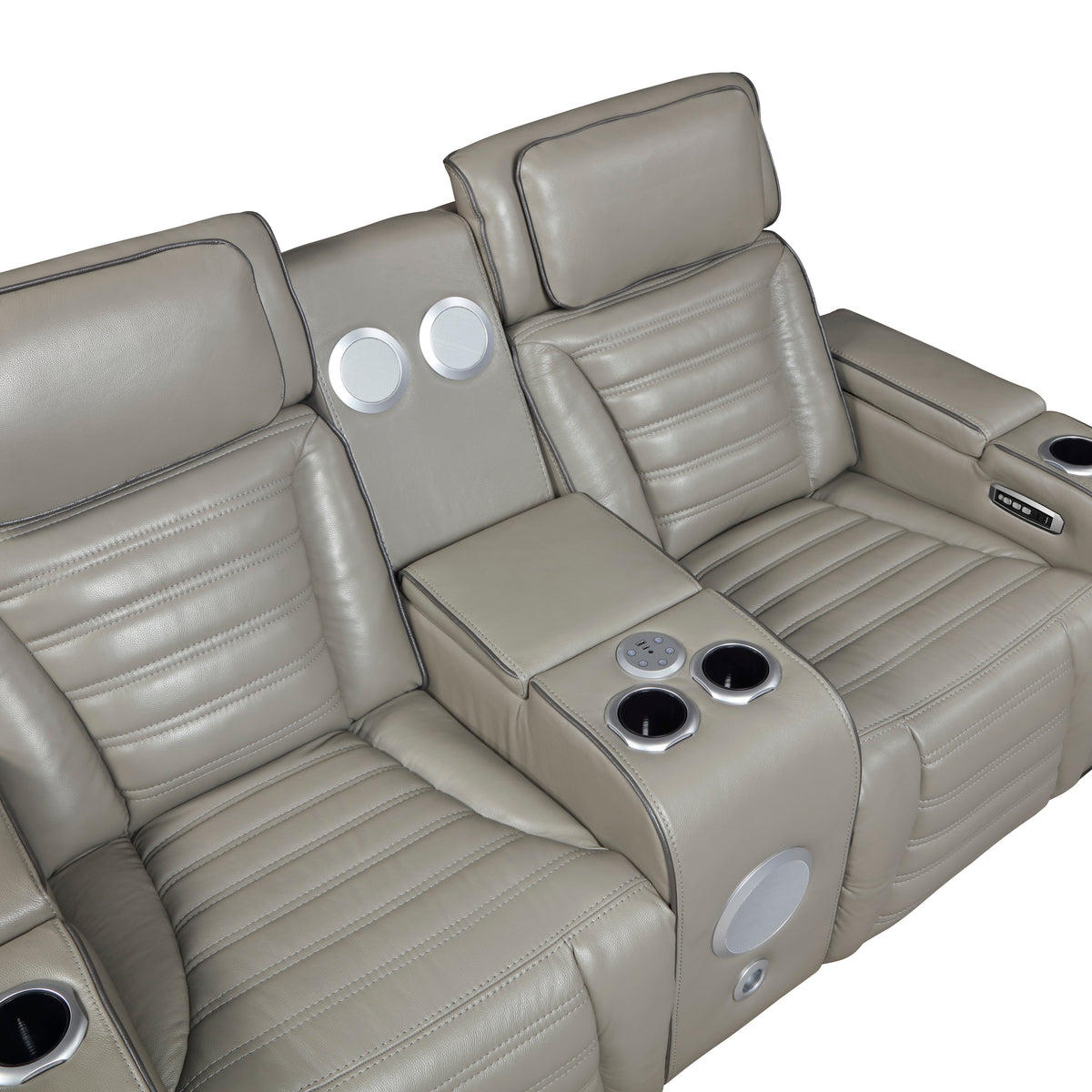 Cyber Gray Power Double Reclining Loveseat With Center Console Power Headrests Storage Arms Cup Holders Wireless Speakers With Sub-woofer Air Massage Heat Led Lighting And Charging Ports - Ornate Home