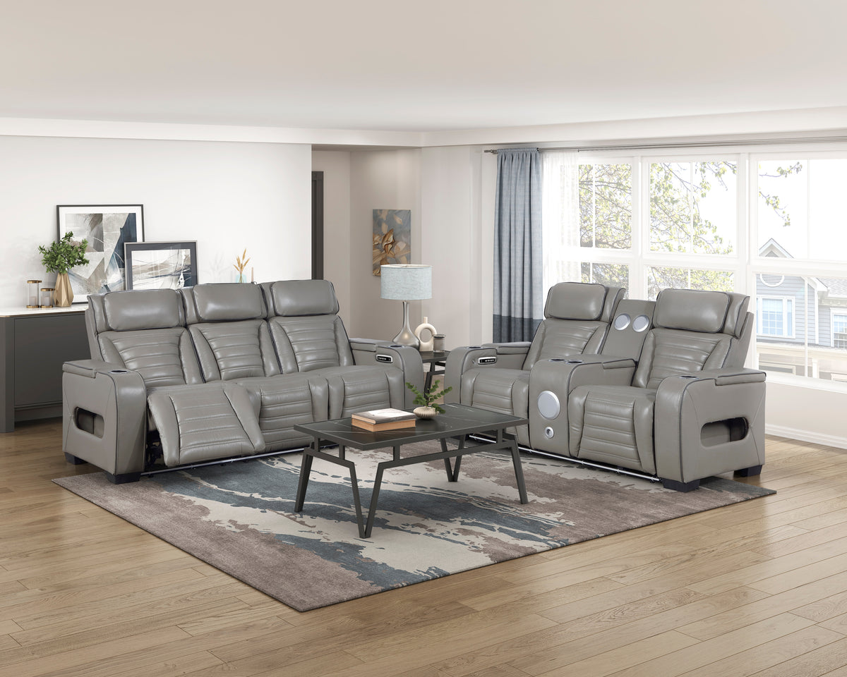 Cyber Gray Power Double Reclining Loveseat With Center Console Power Headrests Storage Arms Cup Holders Wireless Speakers With Sub-woofer Air Massage Heat Led Lighting And Charging Ports - Ornate Home