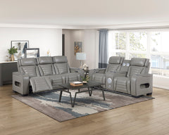 Cyber Gray Power Double Reclining Loveseat With Center Console Power Headrests Storage Arms Cup Holders Wireless Speakers With Sub-woofer Air Massage Heat Led Lighting And Charging Ports - Ornate Home