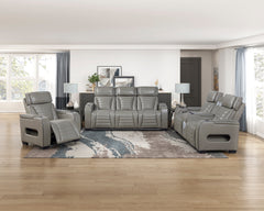 Cyber Gray Power Double Reclining Loveseat With Center Console Power Headrests Storage Arms Cup Holders Wireless Speakers With Sub-woofer Air Massage Heat Led Lighting And Charging Ports - Ornate Home