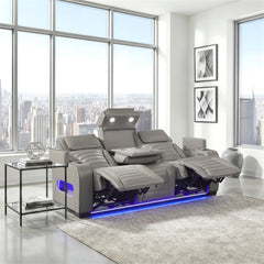 Cyber Gray Power Double Reclining Sofa With Center Drop-down Cup Holders Power Headrests Storage Arms Cup Holders Reading Lights Wireless Charger Air Massage Heat Led Lighting And Charging Ports - Ornate Home