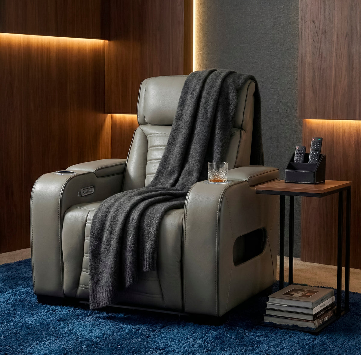 Cyber Gray Power Reclining Chair With Power Headrest Cup Holder Storage Arms Air Massage Heat Led Lighting And Charging Ports - Ornate Home
