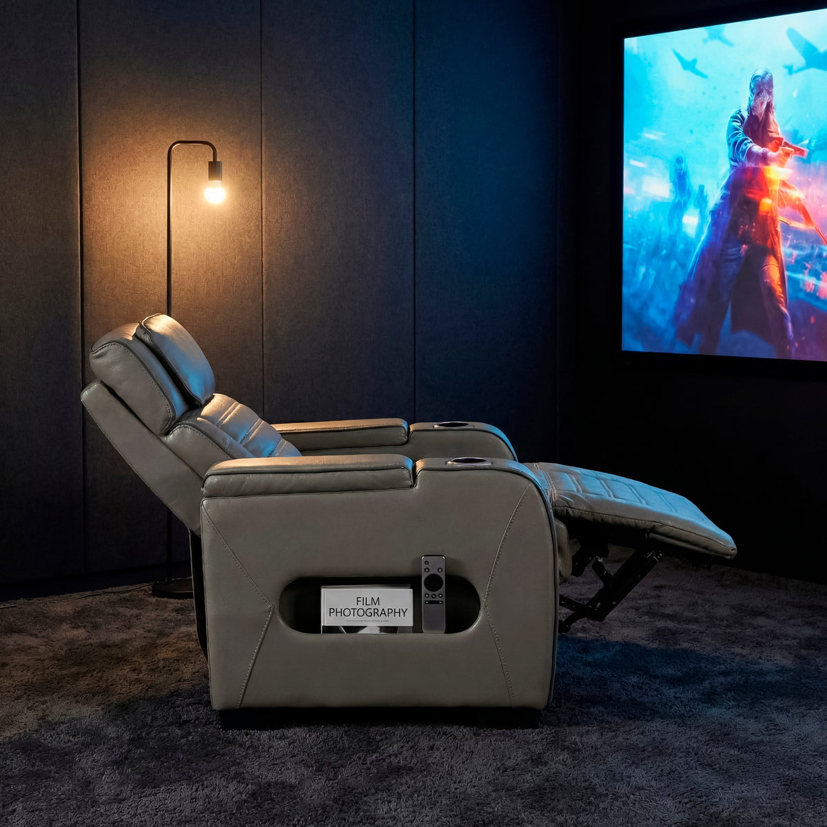 Cyber Gray Power Reclining Chair With Power Headrest Cup Holder Storage Arms Air Massage Heat Led Lighting And Charging Ports - Ornate Home