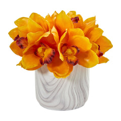 Cymbidium Orchid Artificial Arrangement in Marble Vase - Ornate Home