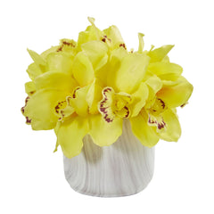 Cymbidium Orchid Artificial Arrangement in Marble Vase - Ornate Home