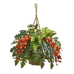 Cymbidium Orchid & Fern Artificial Arrangement in Hanging Basket - Ornate Home