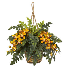 Cymbidium Orchid & Fern Artificial Arrangement in Hanging Basket - Ornate Home