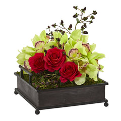 Cymbidium Orchid and Roses Artificial Arrangement in Metal Tray - Ornate Home