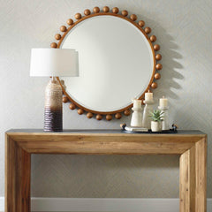 Cyra Brown Wood Beaded Round Mirror - Ornate Home