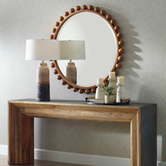Cyra Brown Wood Beaded Round Mirror - Ornate Home