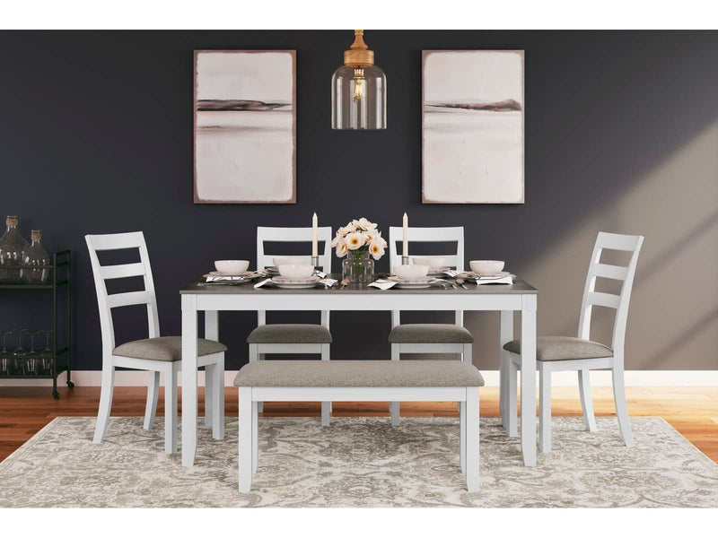 Stonehollow White & Gray Dining Room Set w/ Bench (Set of 6) - Ornate Home