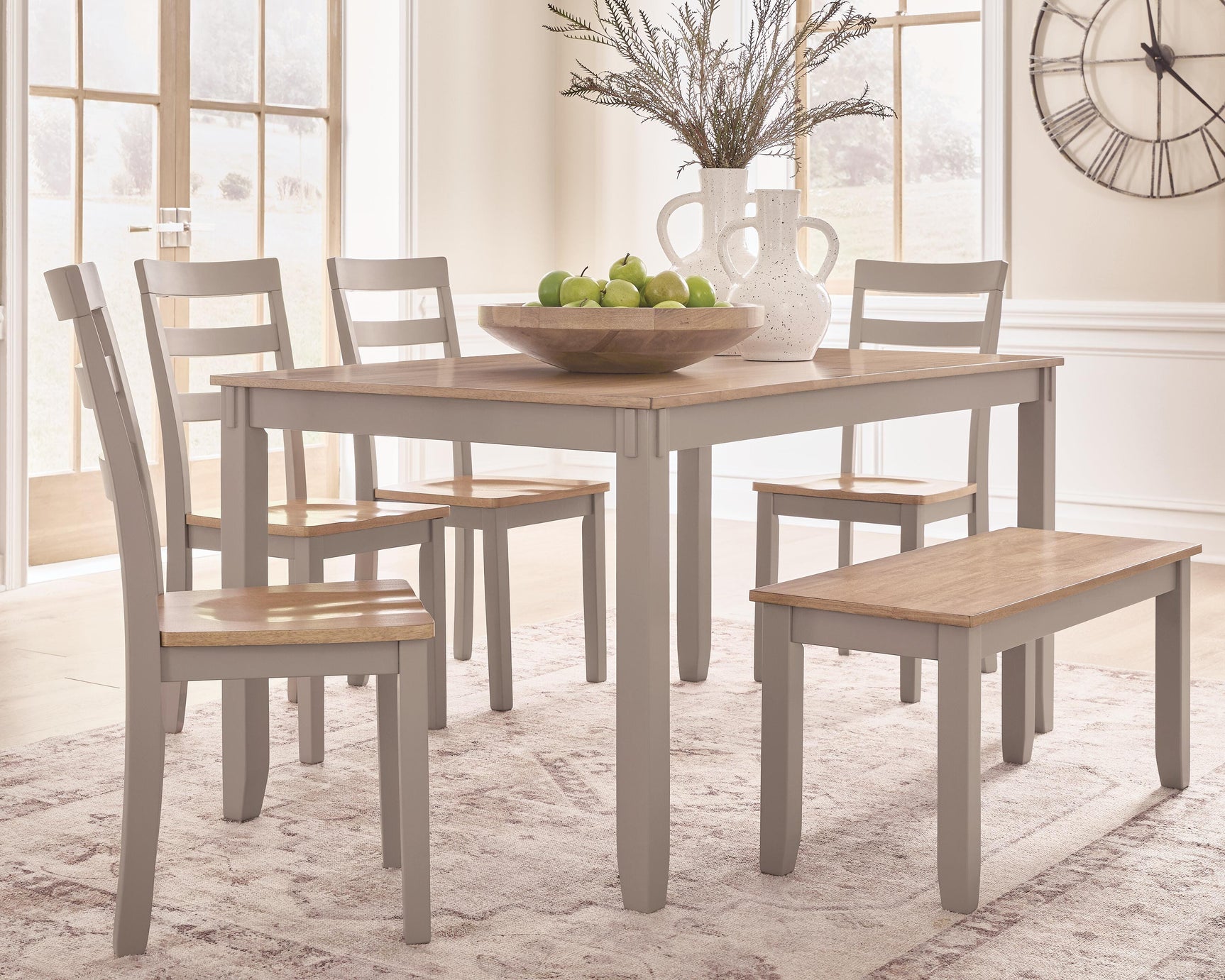 Harperfeld Natural/Gray Dining Table and 4 Chairs and Bench (Set of 6)