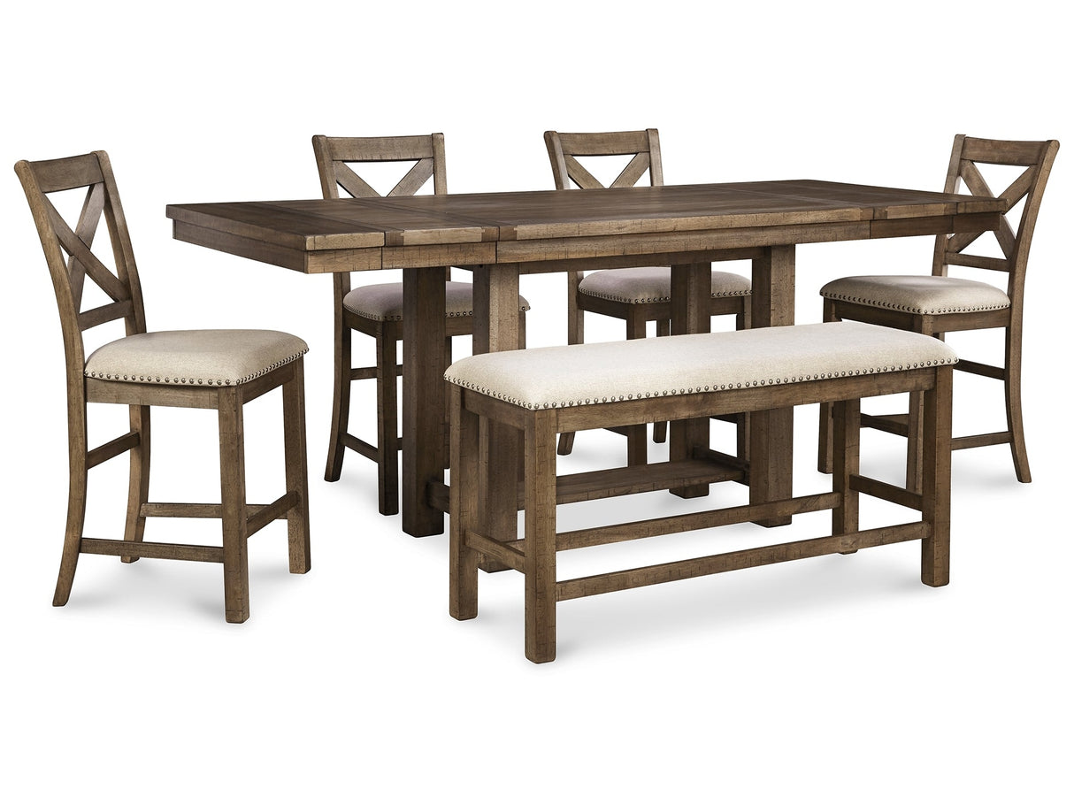 Moriville Grayish Brown Counter Height Dining Table with 4 Barstools and Bench - Ornate Home