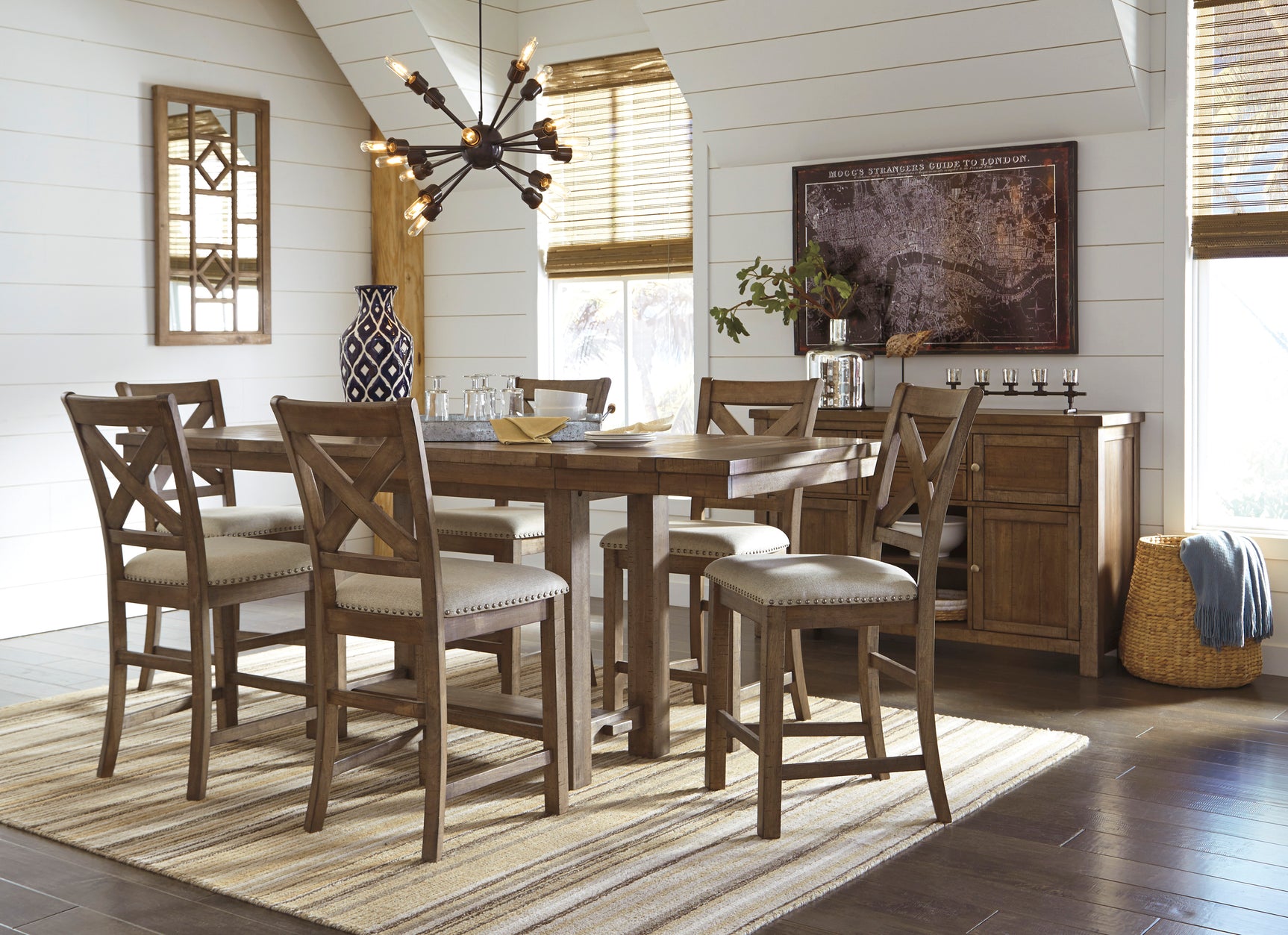 Moriville Grayish Brown Counter Height Dining Table with 6 Barstools and Bench