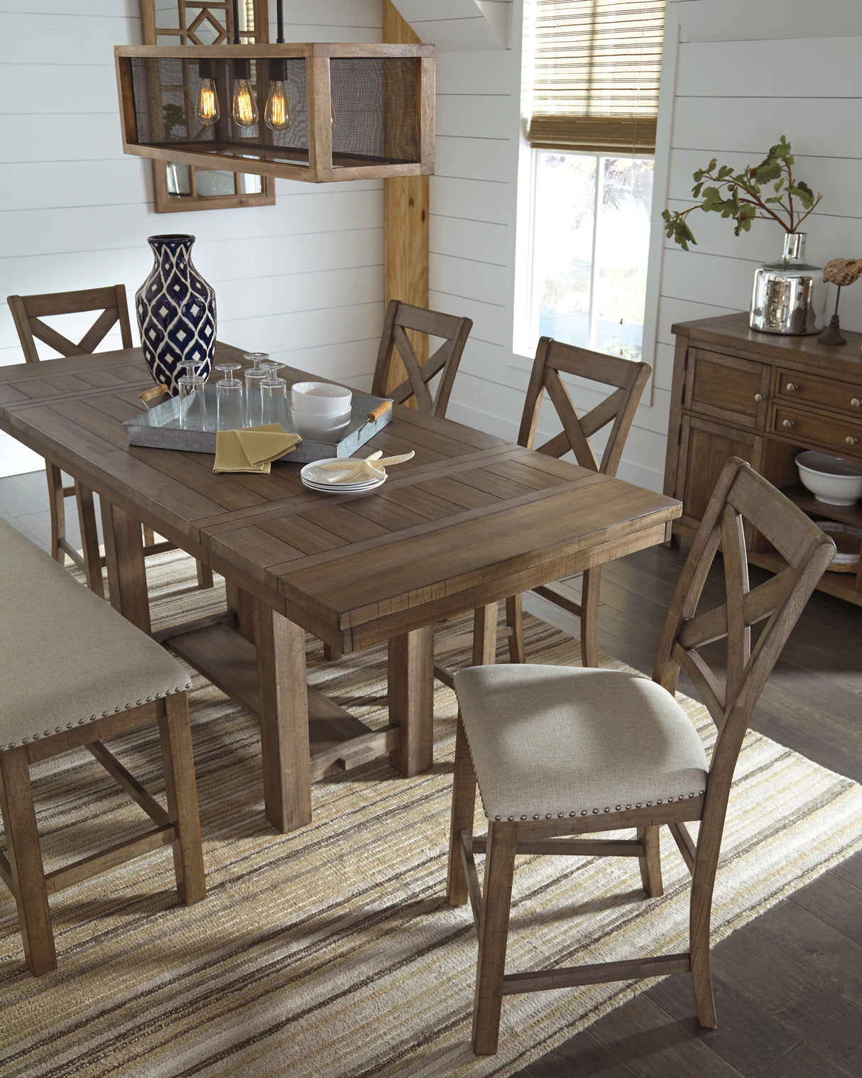 Moriville Grayish Brown Counter Height Dining Table, 4 Barstools and Server - Ornate Home