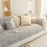 Soft Chenille Sectional Sofa Cover with Pom Pom Trim – Non-Slip Couch Protector
