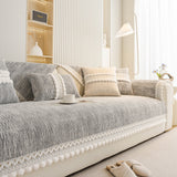 Soft Chenille Sectional Sofa Cover with Pom Pom Trim – Non-Slip Couch Protector