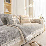 Soft Chenille Sectional Sofa Cover with Pom Pom Trim – Non-Slip Couch Protector