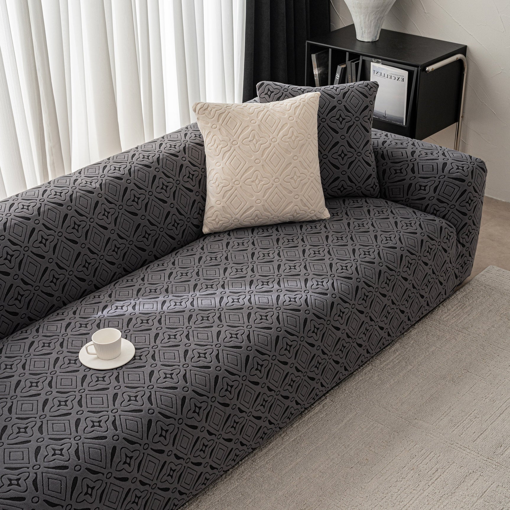 3D Jacquard Geometric Sofa Cover, High Stretch Soft Polar Fleece Slipcover for Couch