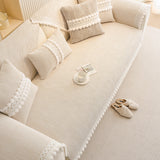 Soft Chenille Sectional Sofa Cover with Pom Pom Trim – Non-Slip Couch Protector